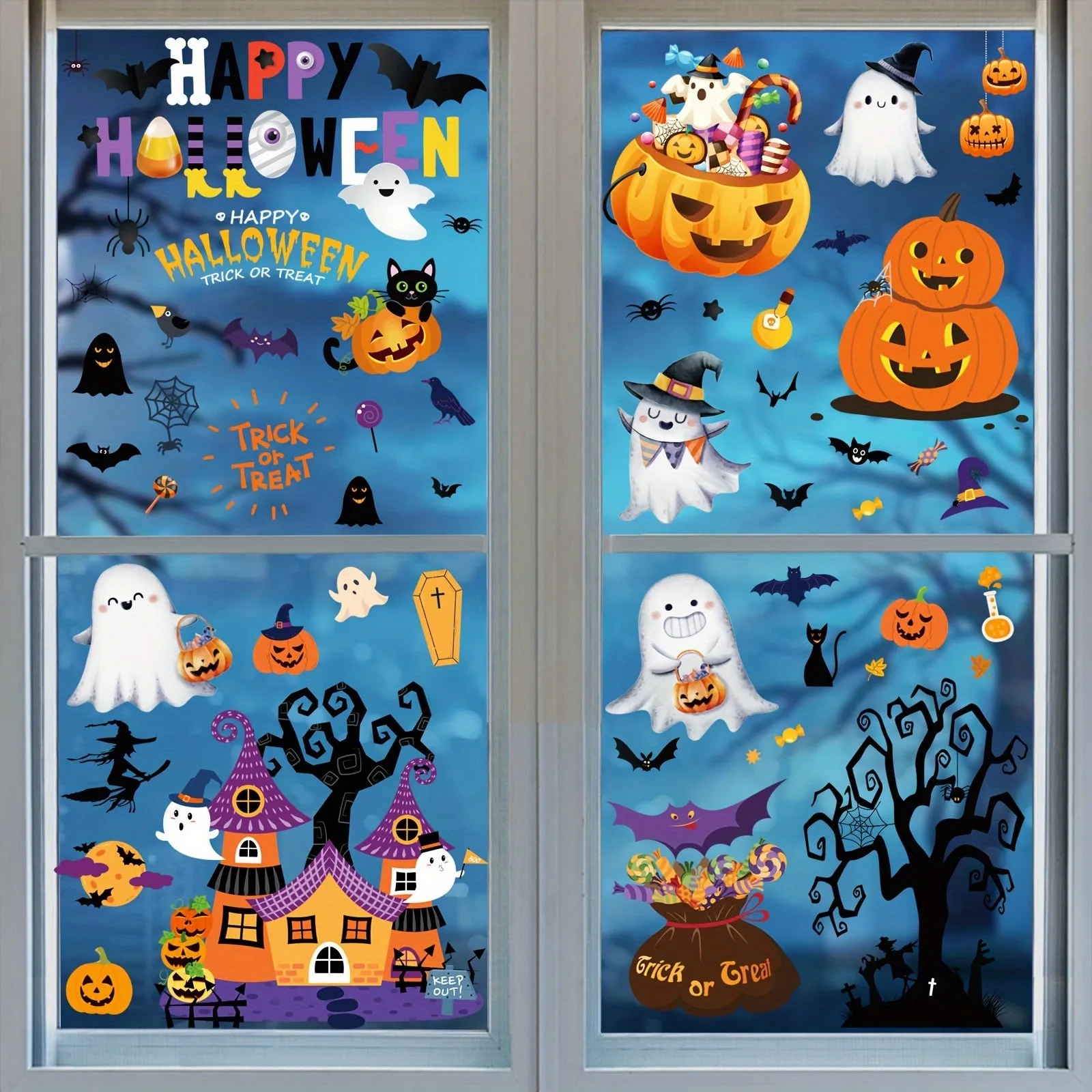 Spooky Halloween Window Clings - 172pcs, Double-Sided Decals with Bats, Pumpkins, Spiders & Black Cats for Home and Office Decor