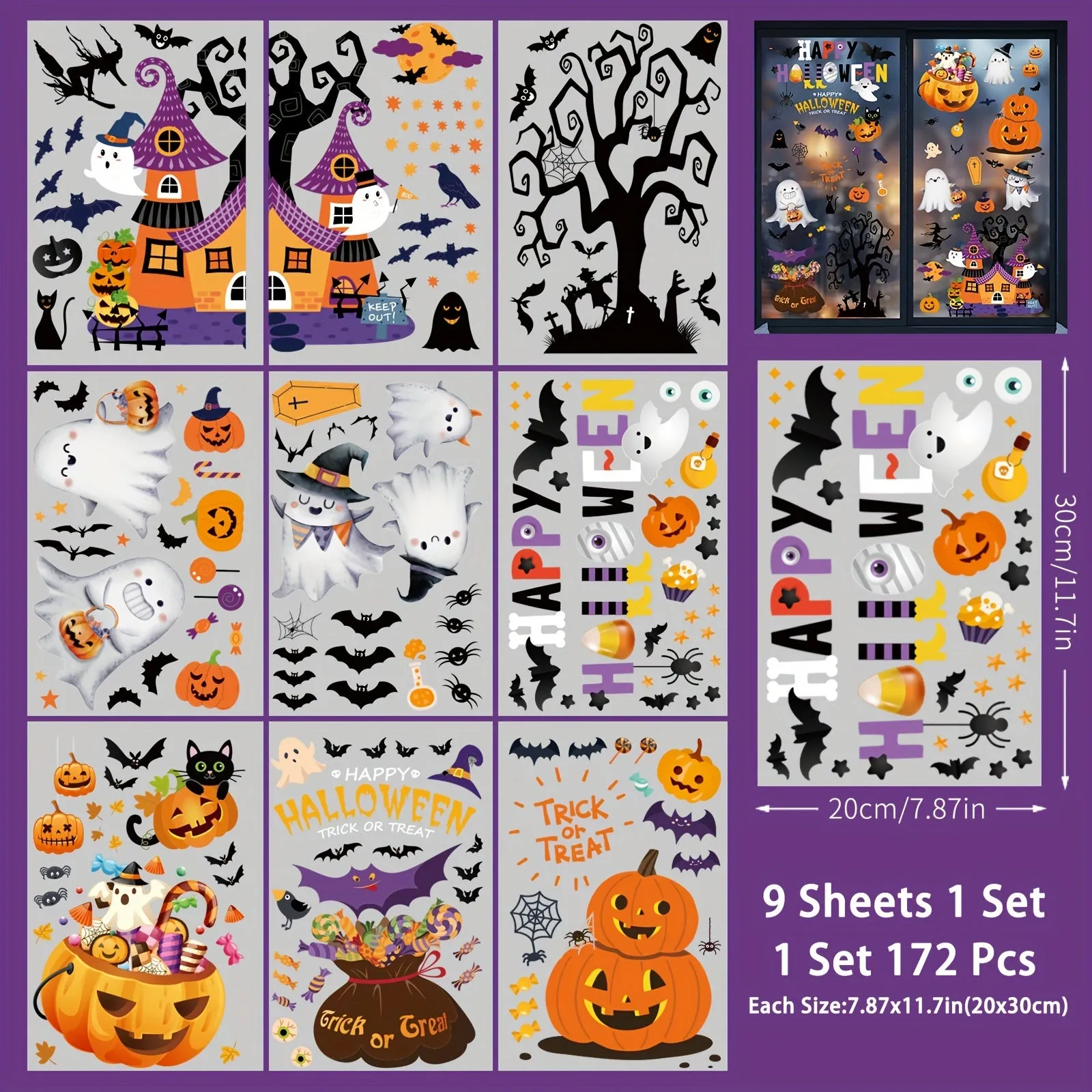 Spooky Halloween Window Clings - 172pcs, Double-Sided Decals with Bats, Pumpkins, Spiders & Black Cats for Home and Office Decor