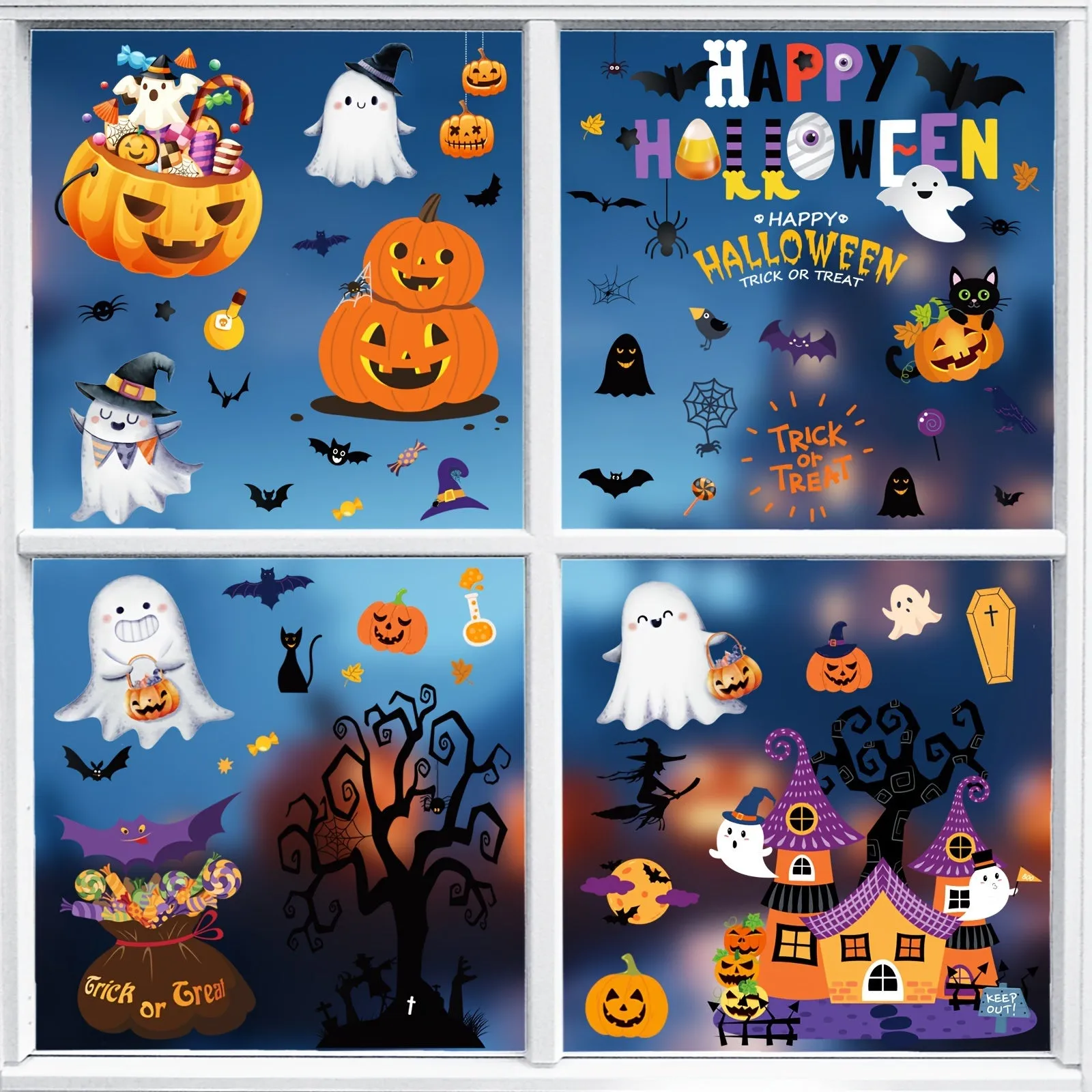 Spooky Halloween Window Clings - 172pcs, Double-Sided Decals with Bats, Pumpkins, Spiders & Black Cats for Home and Office Decor