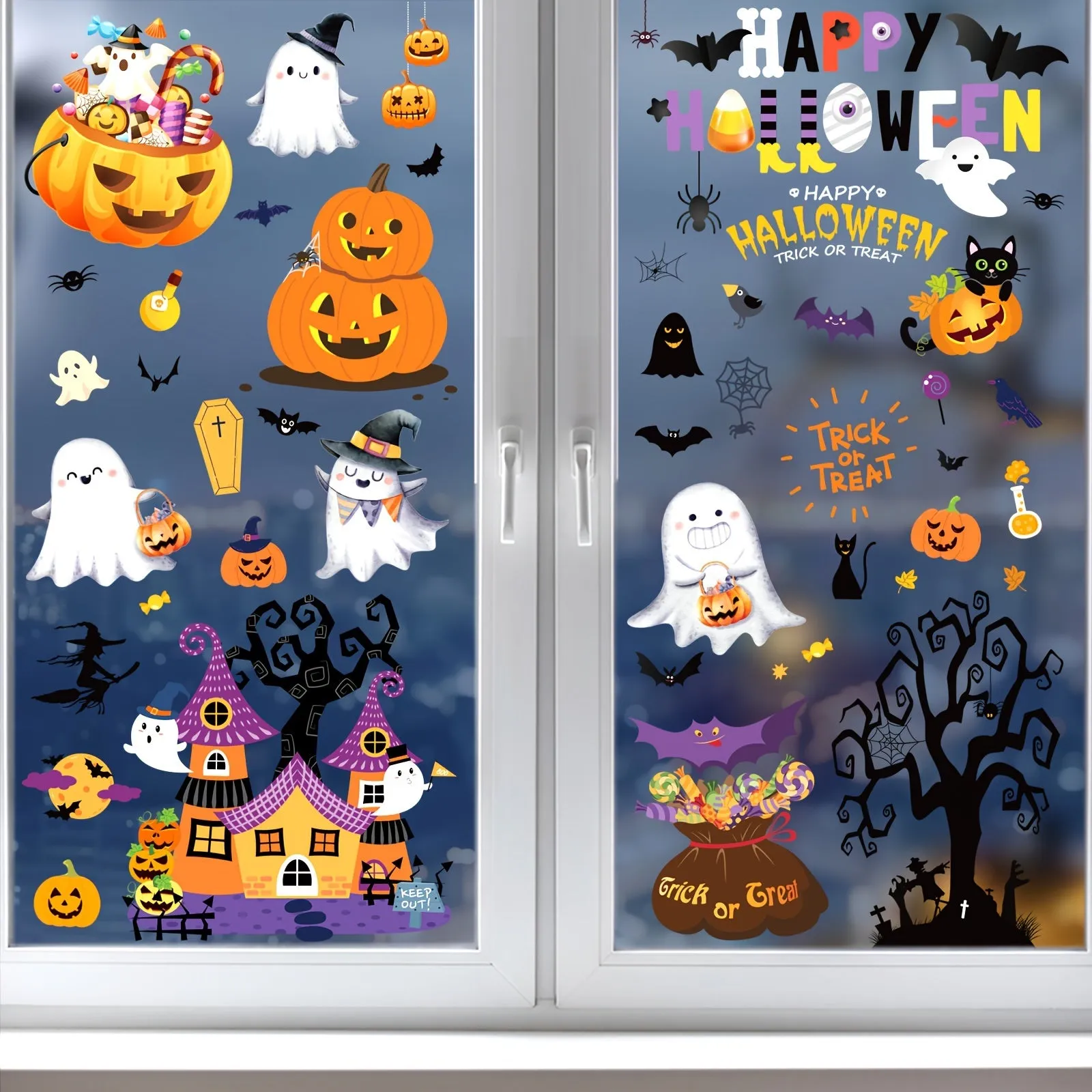 Spooky Halloween Window Clings - 172pcs, Double-Sided Decals with Bats, Pumpkins, Spiders & Black Cats for Home and Office Decor