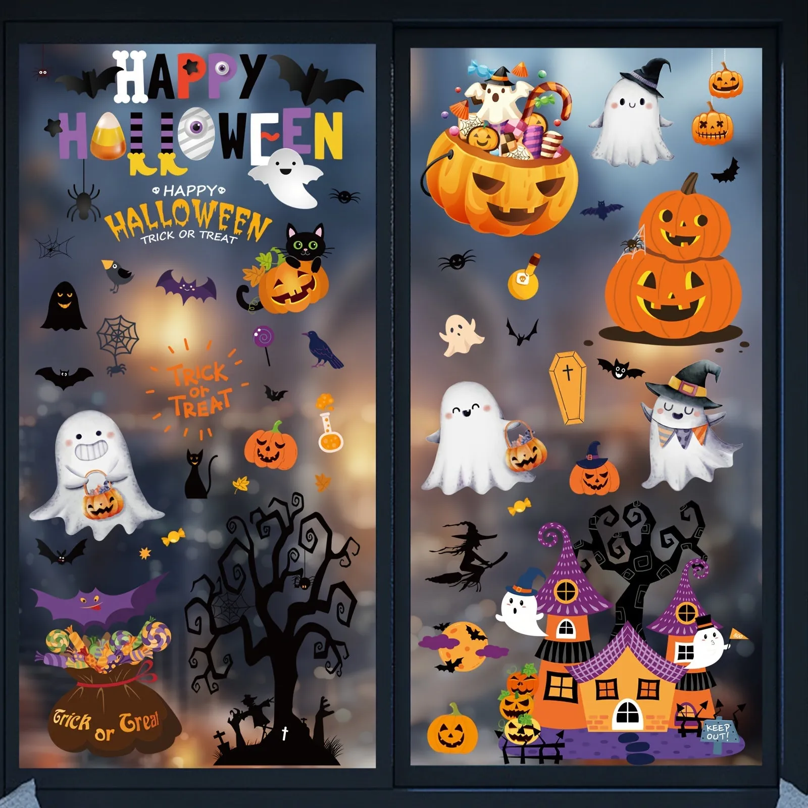 Spooky Halloween Window Clings - 172pcs, Double-Sided Decals with Bats, Pumpkins, Spiders & Black Cats for Home and Office Decor