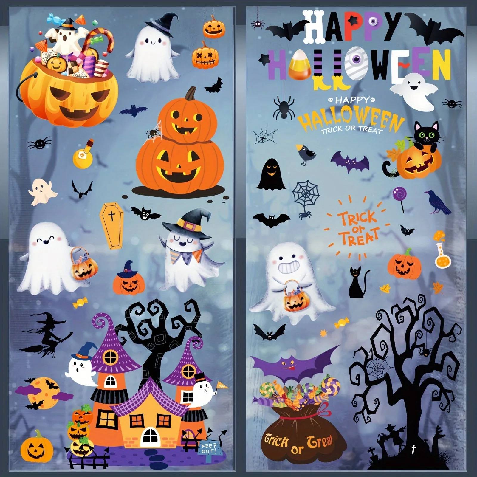 Spooky Halloween Window Clings - 172pcs, Double-Sided Decals with Bats, Pumpkins, Spiders & Black Cats for Home and Office Decor