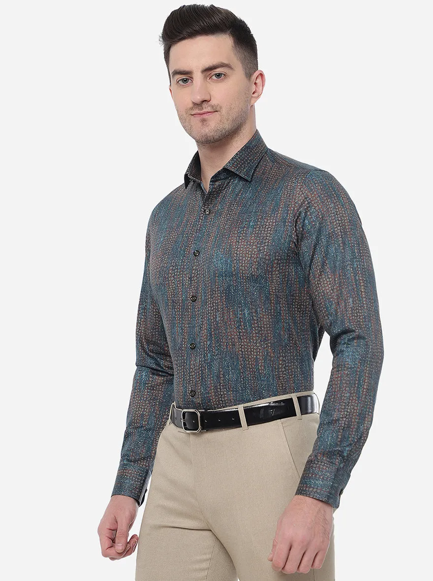 Teal Blue & Brown Printed Slim Fit Party Wear Shirt | JB Studio