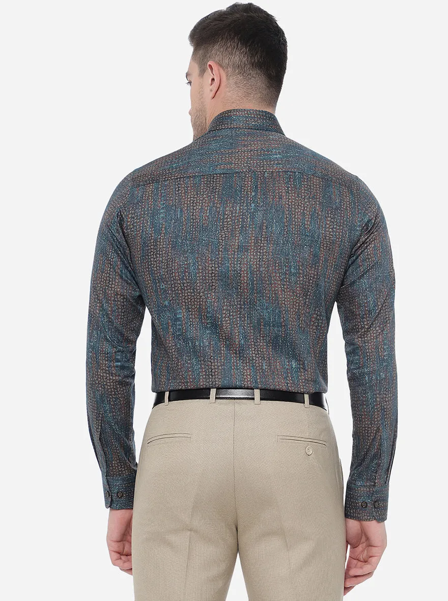 Teal Blue & Brown Printed Slim Fit Party Wear Shirt | JB Studio