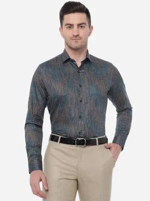 Teal Blue & Brown Printed Slim Fit Party Wear Shirt | JB Studio