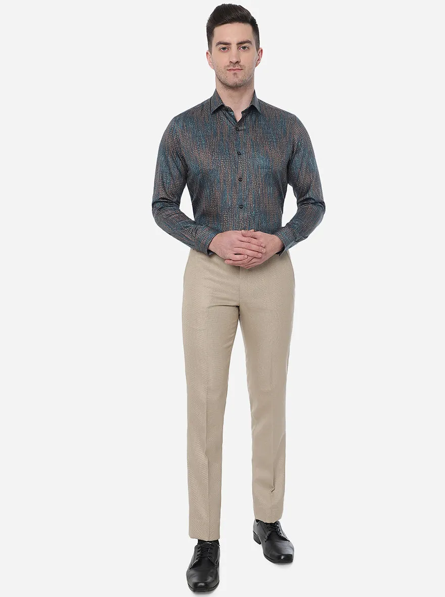 Teal Blue & Brown Printed Slim Fit Party Wear Shirt | JB Studio