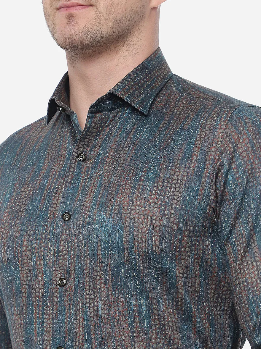 Teal Blue & Brown Printed Slim Fit Party Wear Shirt | JB Studio