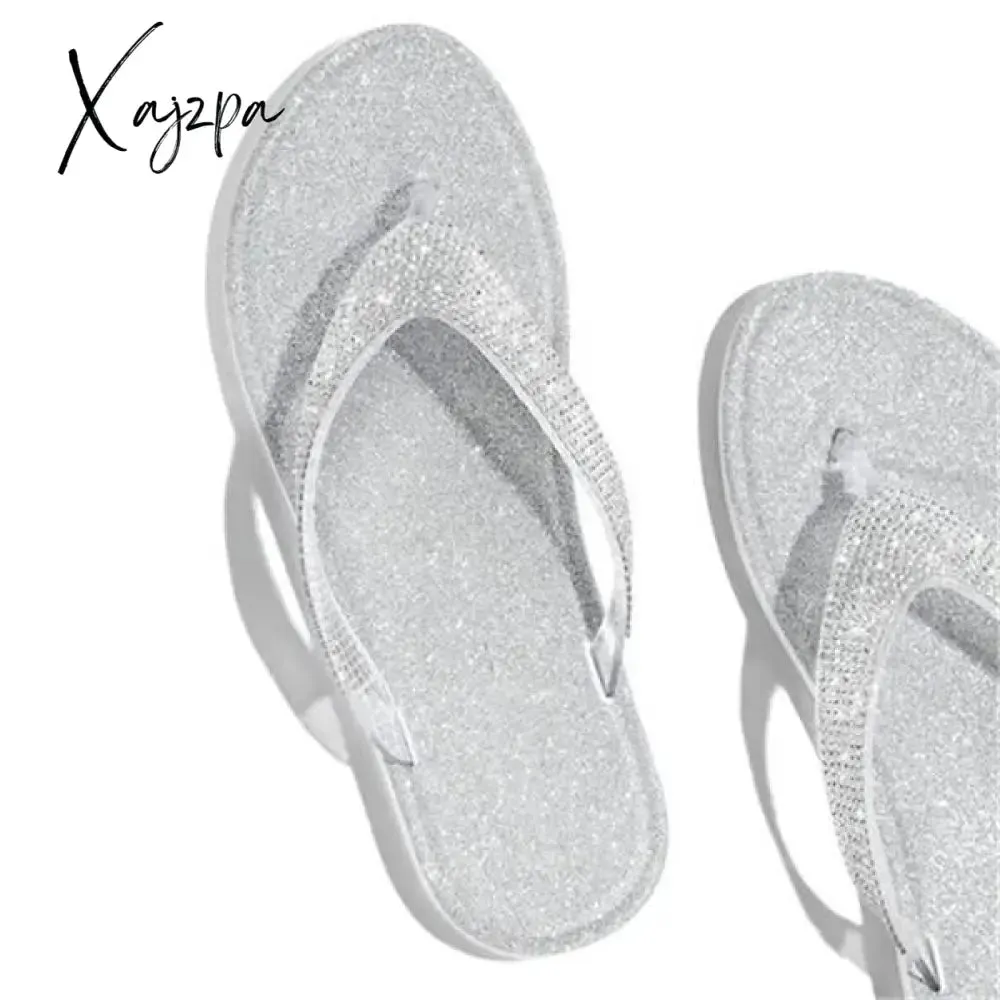 Xajzpa Silver Summer Artificial Leather Rhinestone Seaside Slippers